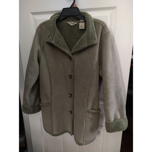 L.L. Bean Woman's L Coat Faux Suede Leather Sage Green Sherpa Button Up - Picture 9 of 10